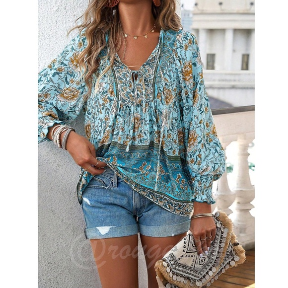 Blue Floral Printed Boho Long Sleeve Blouse Loose Fit Neck Ties - Picture 5 of 8